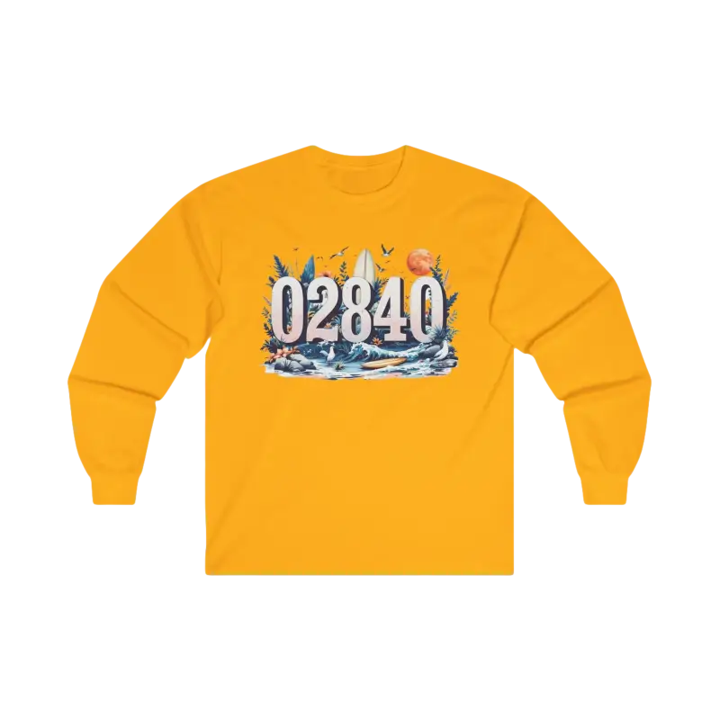 Yellow long-sleeved Coastal Vibes Tee with beach-themed graphic for outdoor enthusiasts