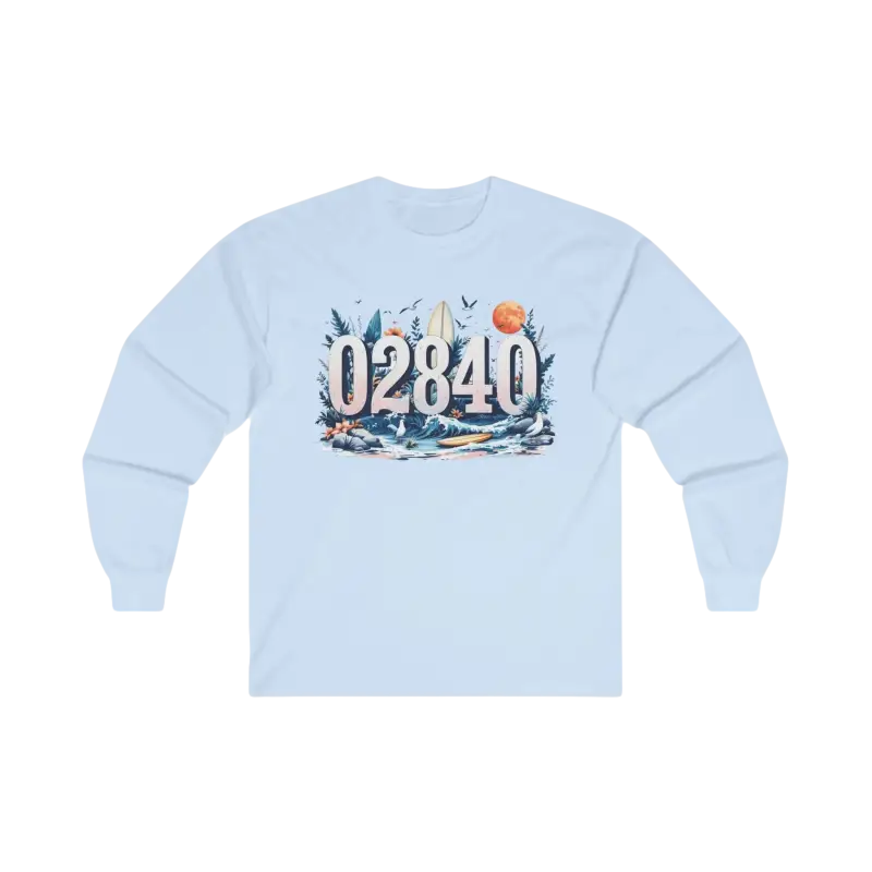 Light blue long-sleeved Coastal Vibes Tee featuring beach-themed graphic design