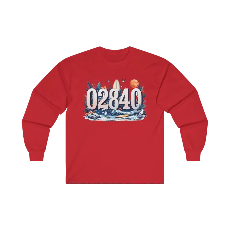 Red long-sleeved Coastal Vibes Tee featuring beach-themed design for outdoor lovers