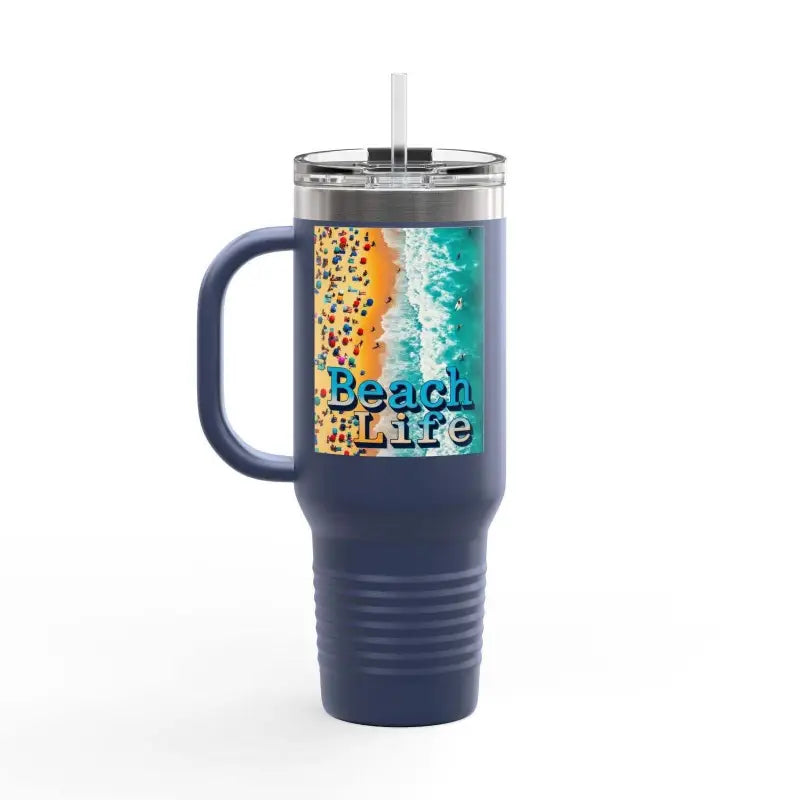Blue travel mug featuring a serene beach scene, ideal for on-the-go hydration