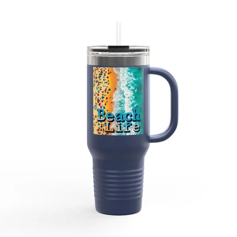 40oz Insulated Navy Blue Travel Mug featuring a vibrant beach scene design