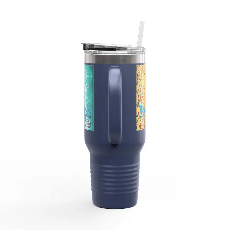Insulated 40oz Navy Blue Travel Mug with Handle featuring a Beach Scene design