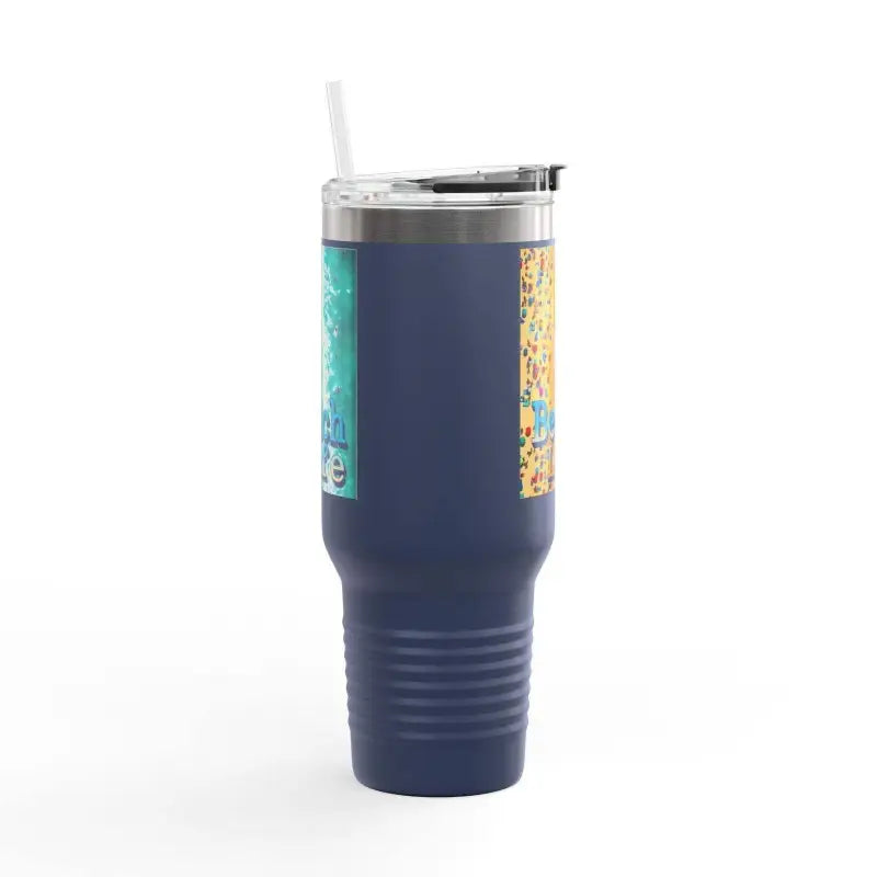 Navy blue insulated tumbler in 40oz Travel Mug with Beach Scene design