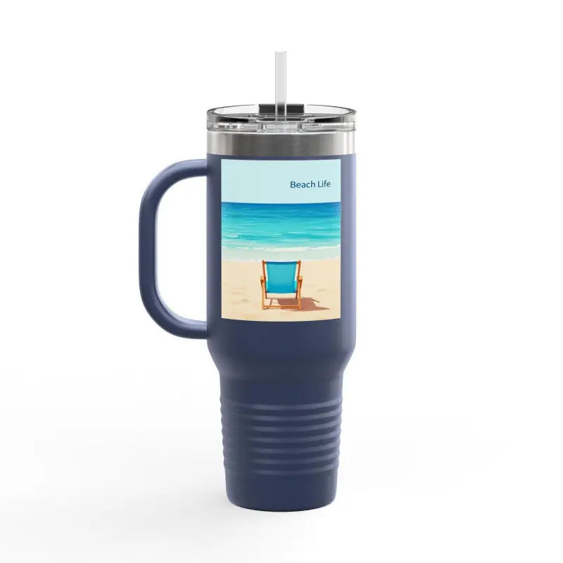 Blue travel mug featuring a beach scene from the 40oz Insulated Travel Mug Beach Life Design