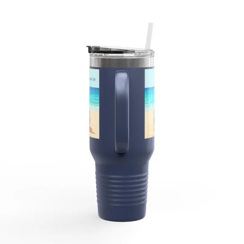 Blue 40oz Insulated Travel Mug with handle and straw, featuring Beach Life design