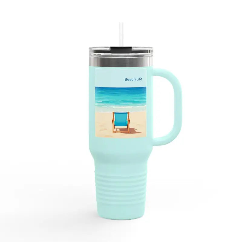 Light blue 40oz Insulated Travel Mug Beach Life Design for on-the-go hydration
