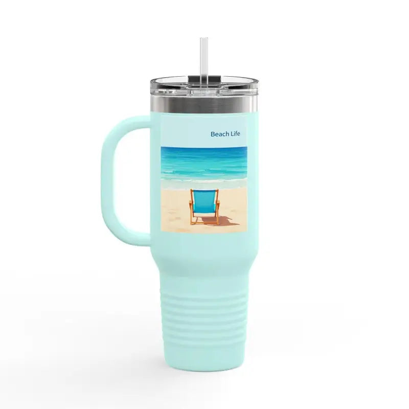 Light blue insulated travel mug with handle, perfect for beach life adventures