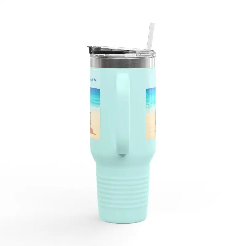 Light blue insulated travel tumbler with straw from the 40oz Beach Life Design collection
