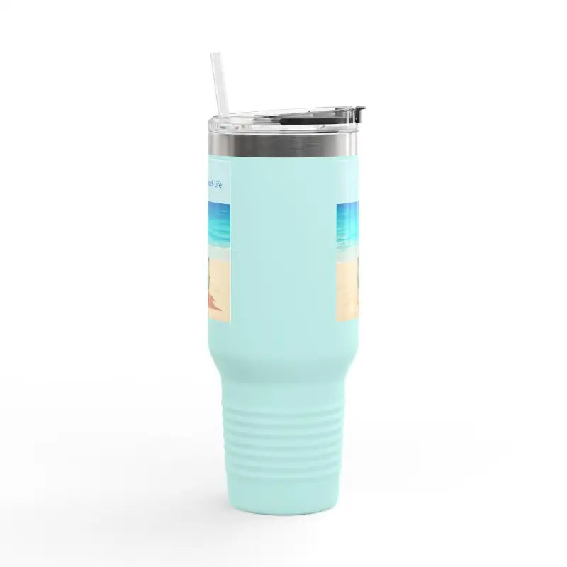 Light blue insulated travel mug with straw, featuring Beach Life design, 40oz capacity
