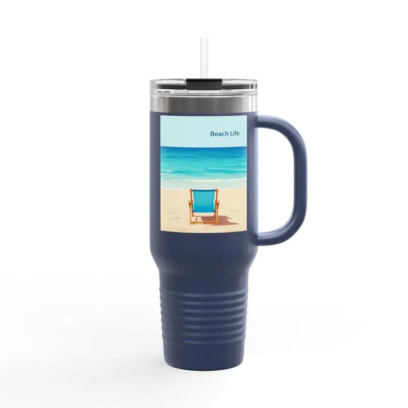 Navy blue insulated travel mug featuring a vibrant beach scene design for on-the-go use