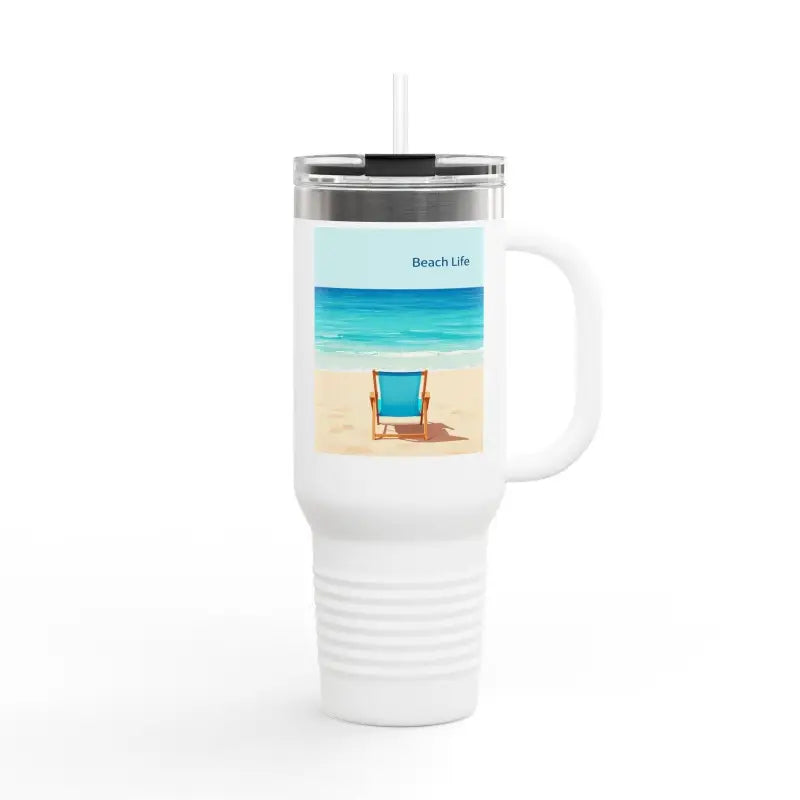 White travel mug featuring a beach scene in the 40oz Insulated Travel Mug Beach Life Design