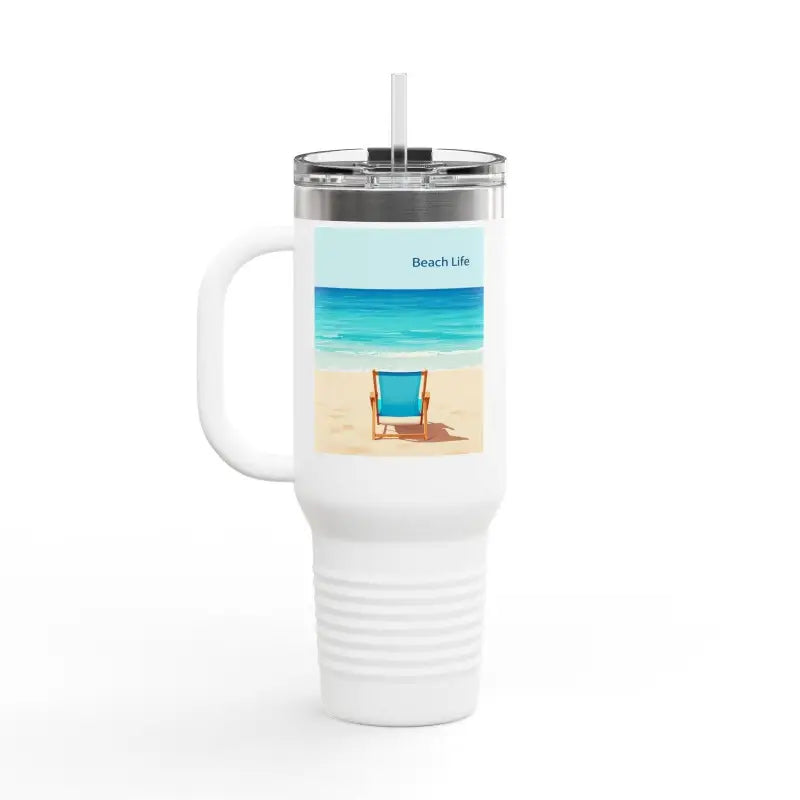White travel mug featuring a vibrant beach scene from the 40oz Insulated Travel Mug Beach Life Design