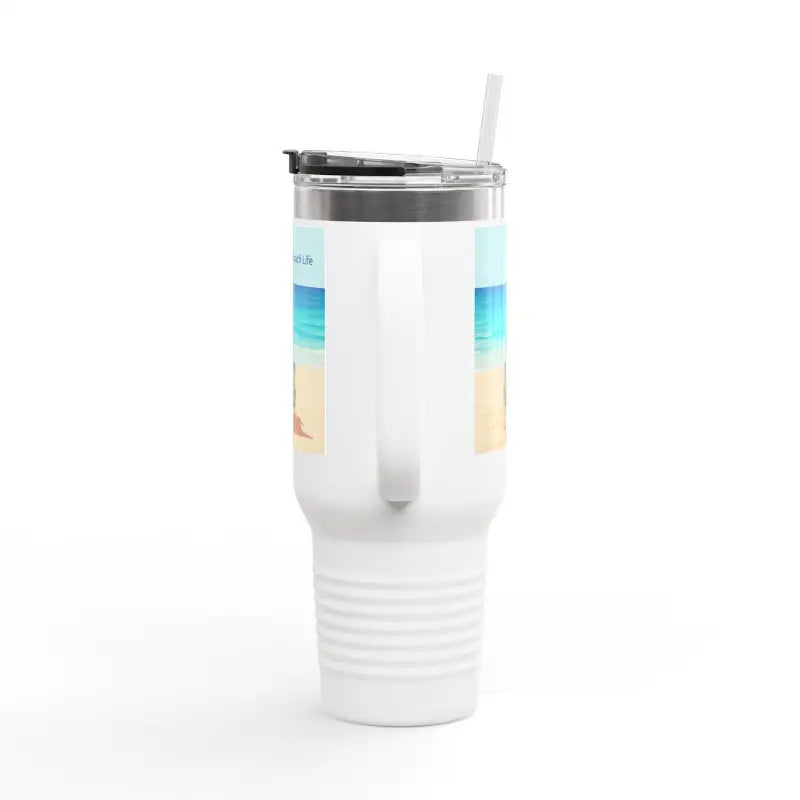 White handled tumbler with straw, part of the 40oz Insulated Travel Mug Beach Life Design
