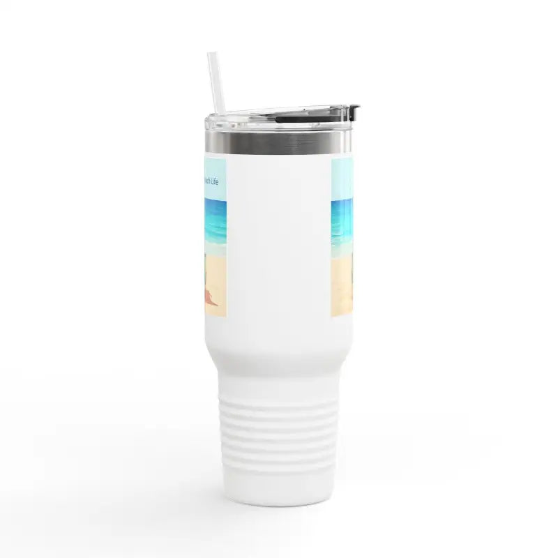 White insulated tumbler with straw from the 40oz Insulated Travel Mug Beach Life Design