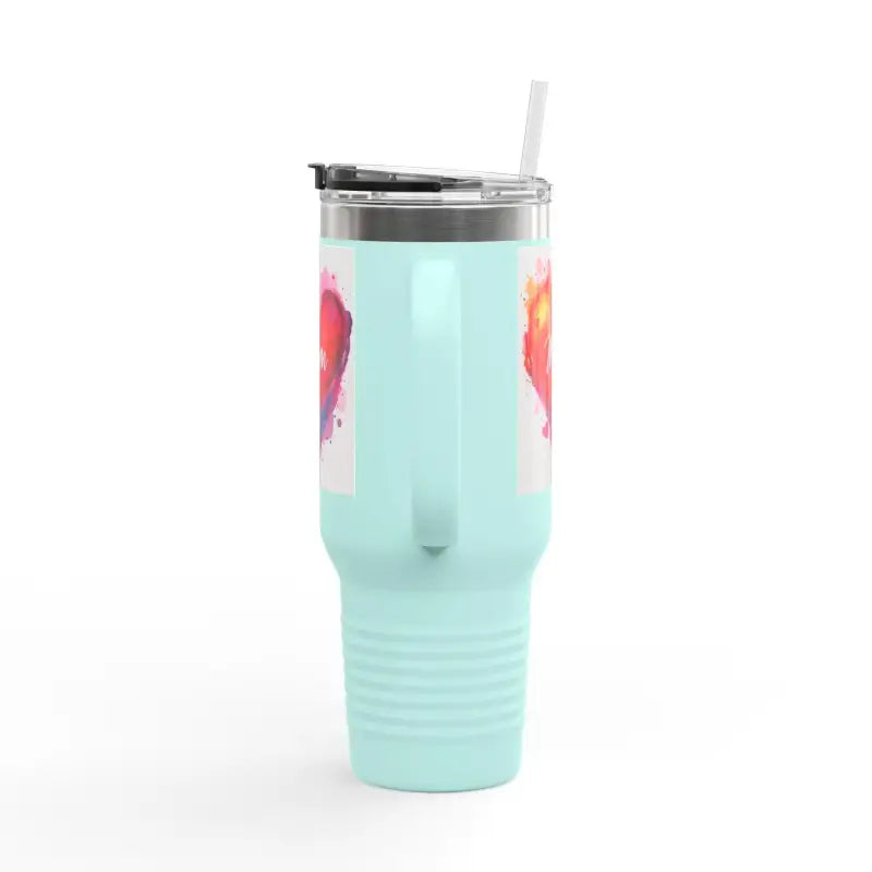 Light blue insulated travel mug with heart design for Love Mom Day gift