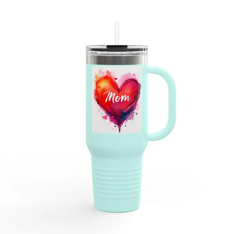 Light blue insulated travel mug with heart design for Love Mom Day gift