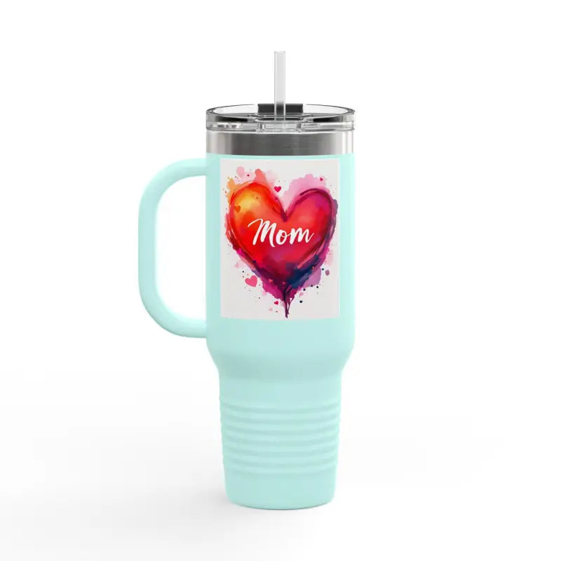 Light blue insulated travel mug featuring heart design for Love Mom Day gift