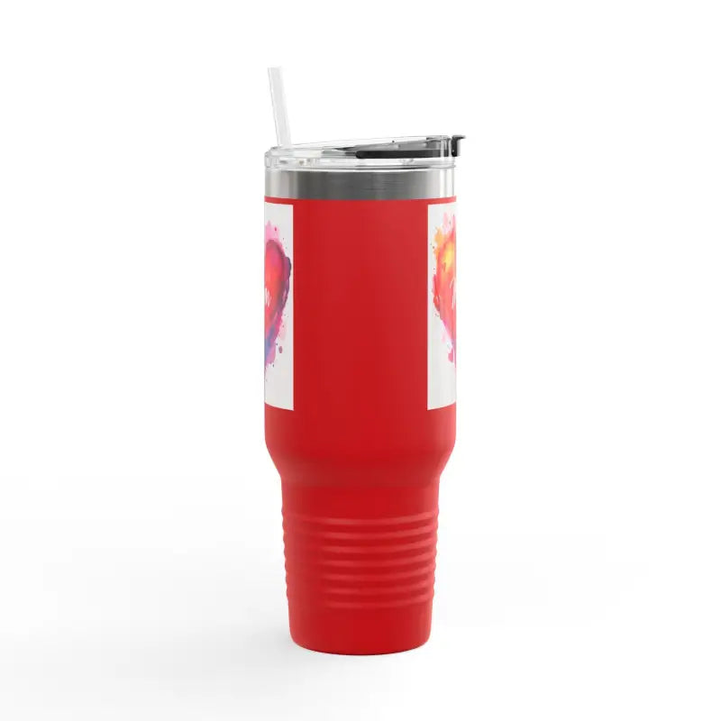 Red insulated travel mug with heart designs perfect for Love Mom Day gift