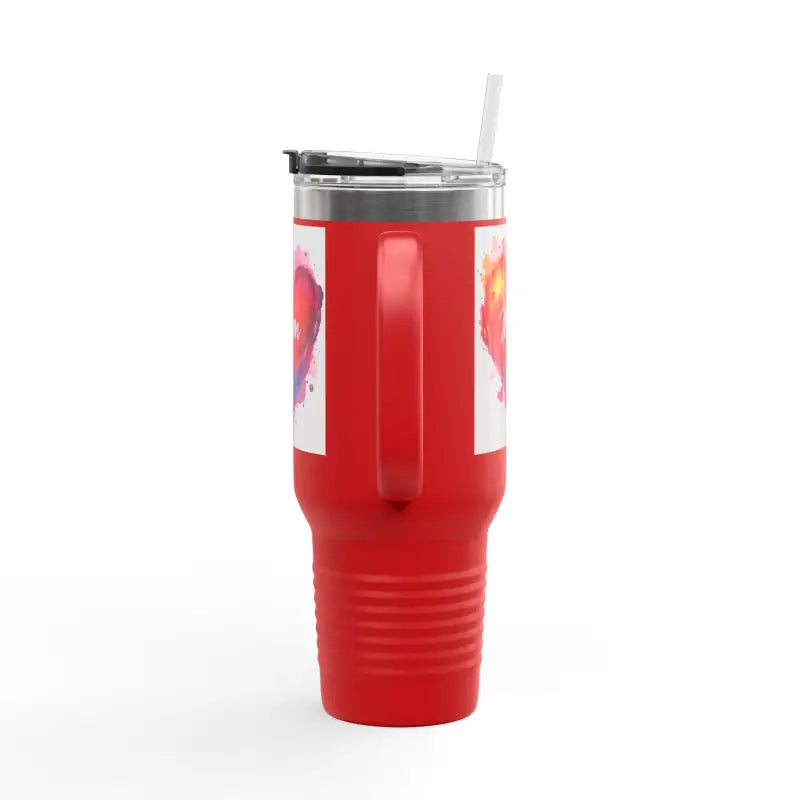 Red insulated travel mug with heart designs for Love Mom Day gift