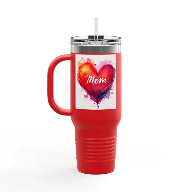 Red insulated travel mug with heart design for Mother’s Day gift
