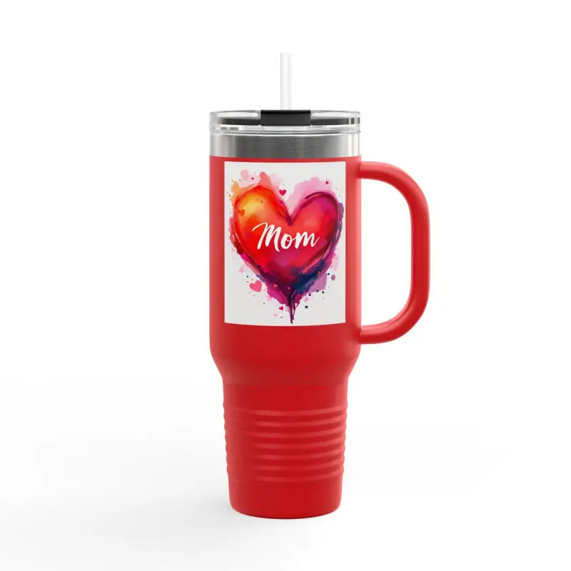 Red insulated travel mug with heart design for Love Mom Day gift