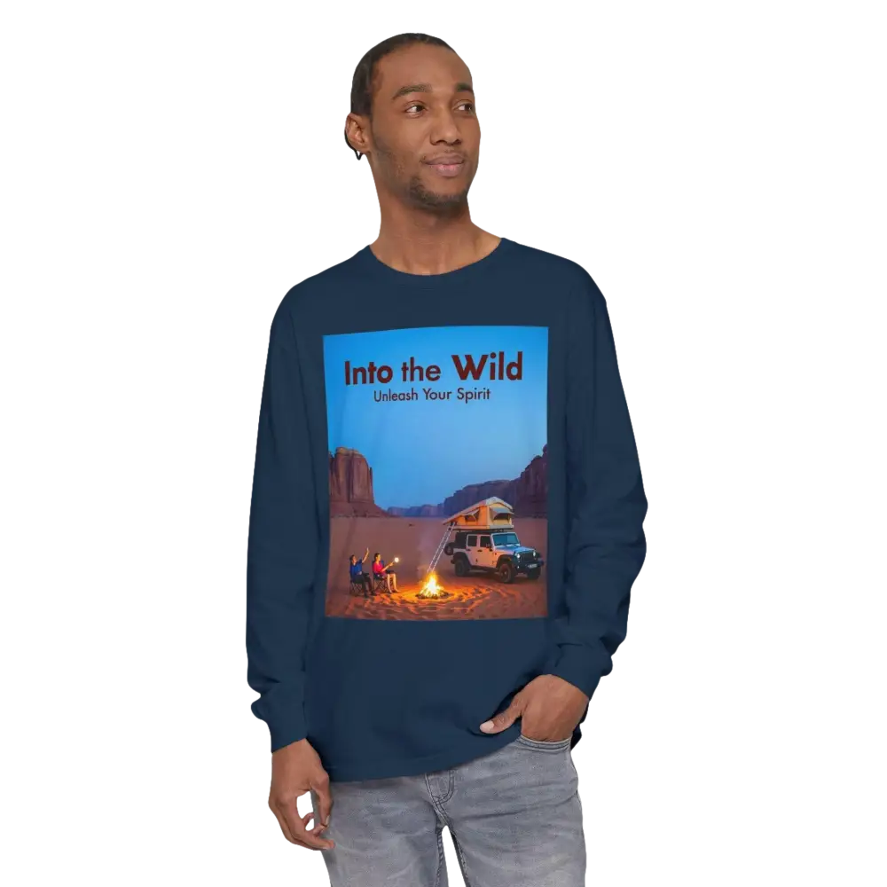 Adventure Long Sleeve Shirt featuring a vibrant camping scene design