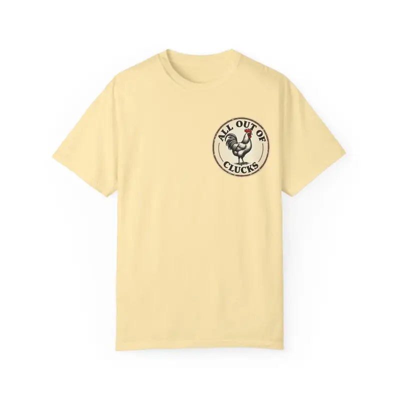 Yellow t-shirt featuring a chicken graphic from All Out of Clucks Mens Casual T-shirt Collection