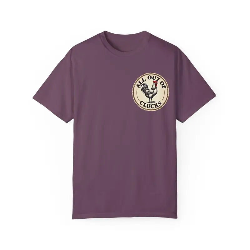 Purple t-shirt featuring a chicken graphic from the All Out of Clucks Men’s Collection