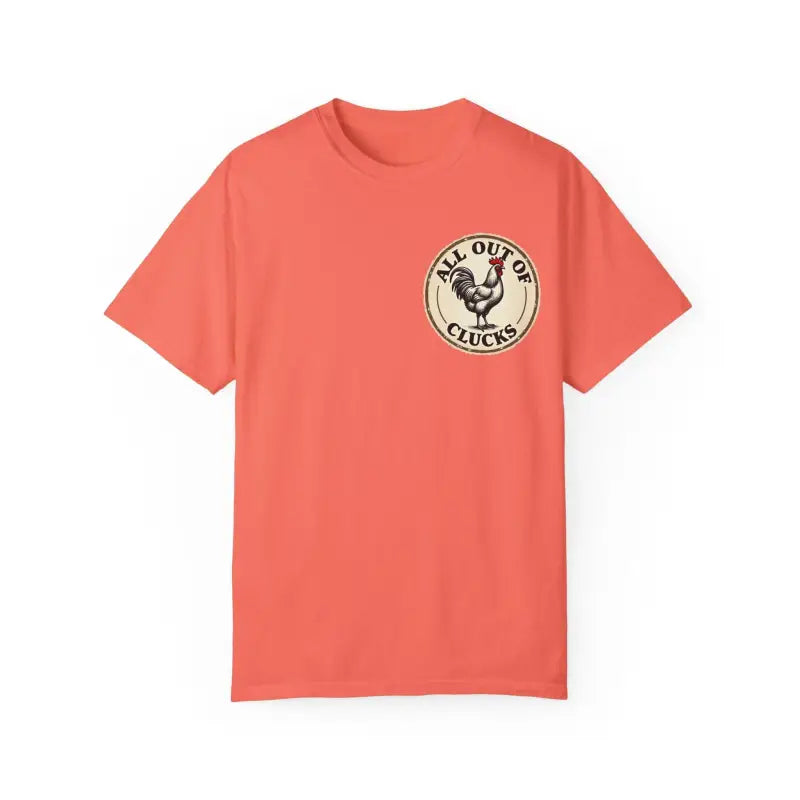 Coral t-shirt featuring a rooster graphic from the All Out of Clucks Mens Casual Collection