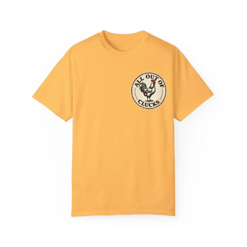 Yellow t-shirt featuring a rooster graphic from All Out of Clucks Mens Casual Collection