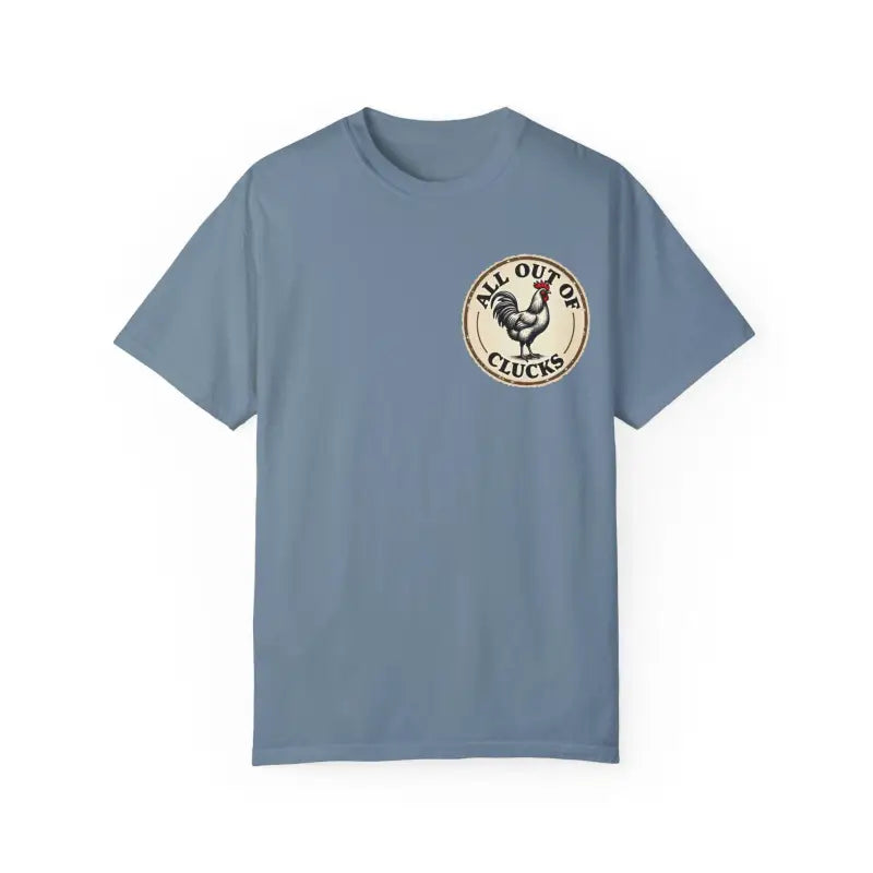Blue t-shirt featuring chicken graphic from All Out of Clucks Mens Casual Tshirt Collection