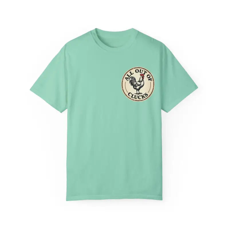 Mint green t-shirt featuring rooster graphic from All Out of Clucks Mens Casual T-shirt Collection