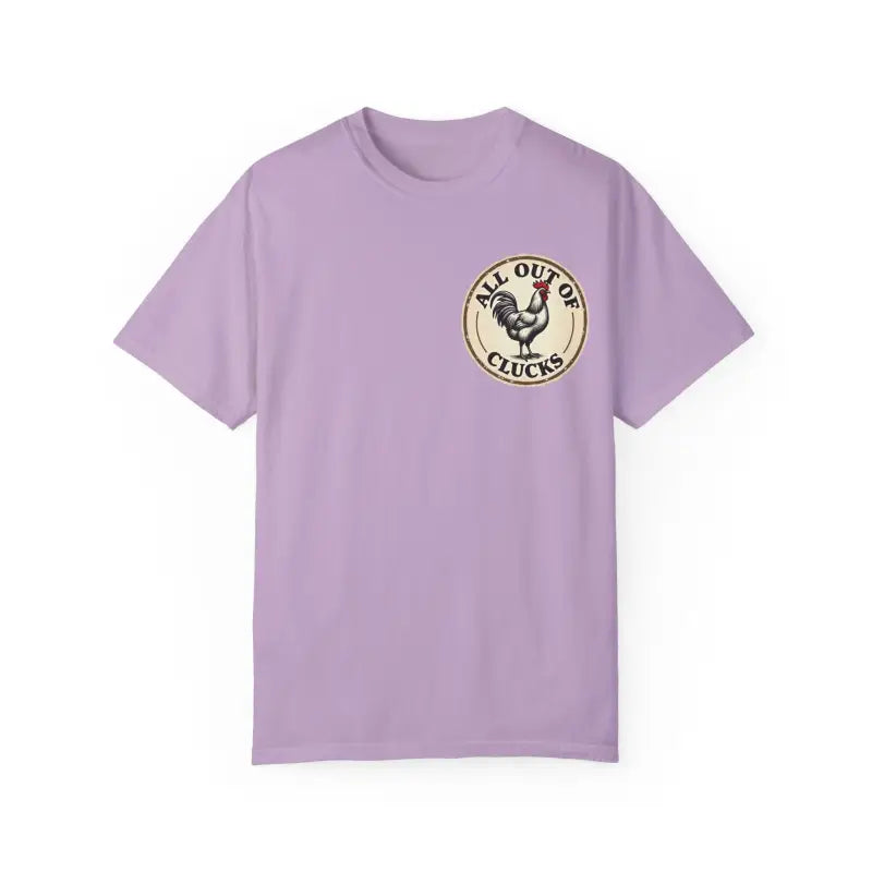 Lavender t-shirt featuring rooster graphic from All Out of Clucks Mens Casual Collection
