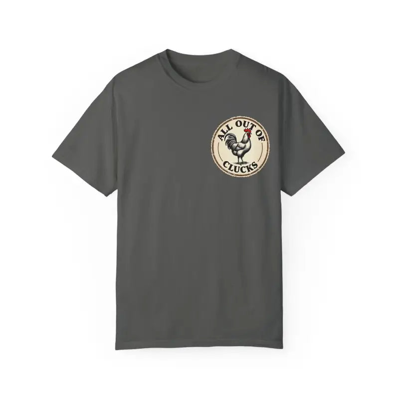 Gray t-shirt featuring a chicken graphic from the All Out of Clucks Mens Casual Tshirt Collection
