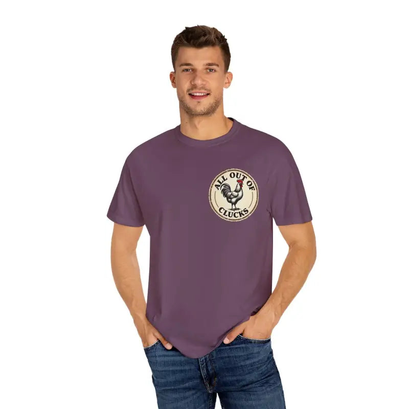 Purple t-shirt featuring a chicken graphic from All Out of Clucks Mens Casual Collection