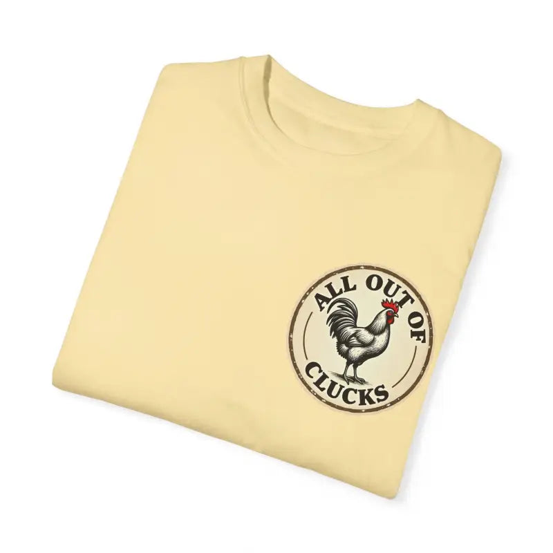 Folded yellow t-shirt with chicken graphic from All Out of Clucks Mens Casual T-shirt Collection