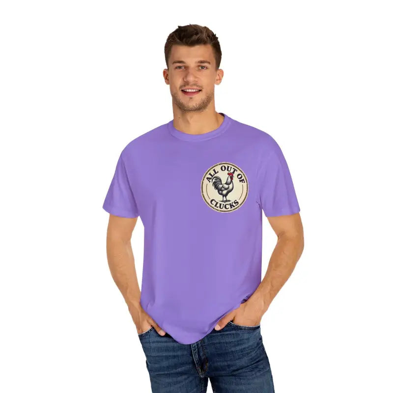 Lavender t-shirt featuring rooster graphic from All Out of Clucks Mens Casual Collection