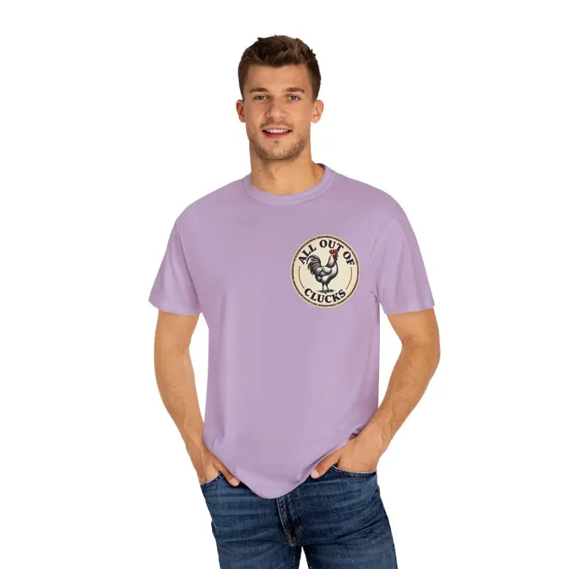 Lavender t-shirt featuring chicken graphic from All Out of Clucks Men’s Casual Collection