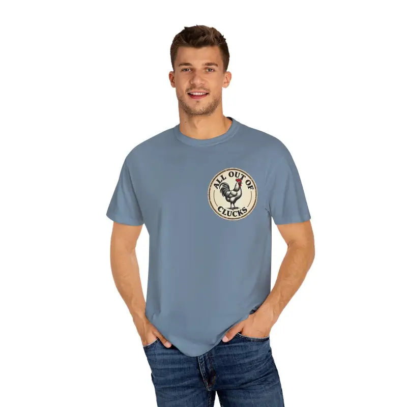 Blue t-shirt featuring a chicken graphic from All Out of Clucks Men’s Casual T-shirt Collection