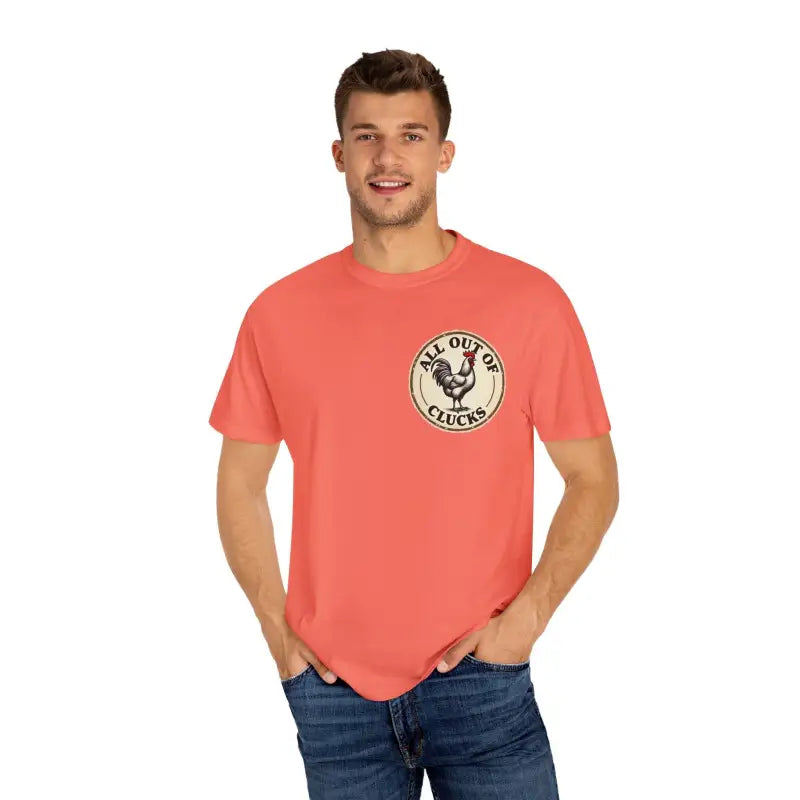 Man wearing a coral t-shirt from the All Out of Clucks Mens Casual Tshirt Collection