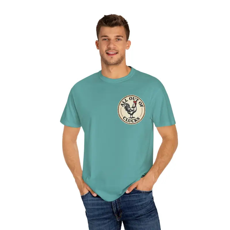 Man in a teal t-shirt from All Out of Clucks Men’s Casual T-shirt Collection