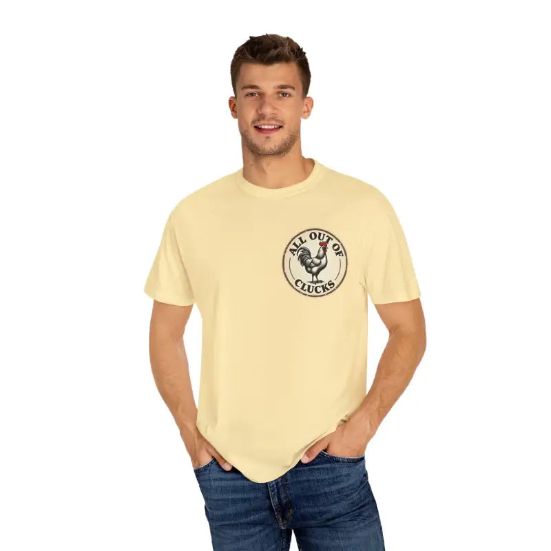 Man in yellow t-shirt from All Out of Clucks Men’s Casual T-shirt Collection