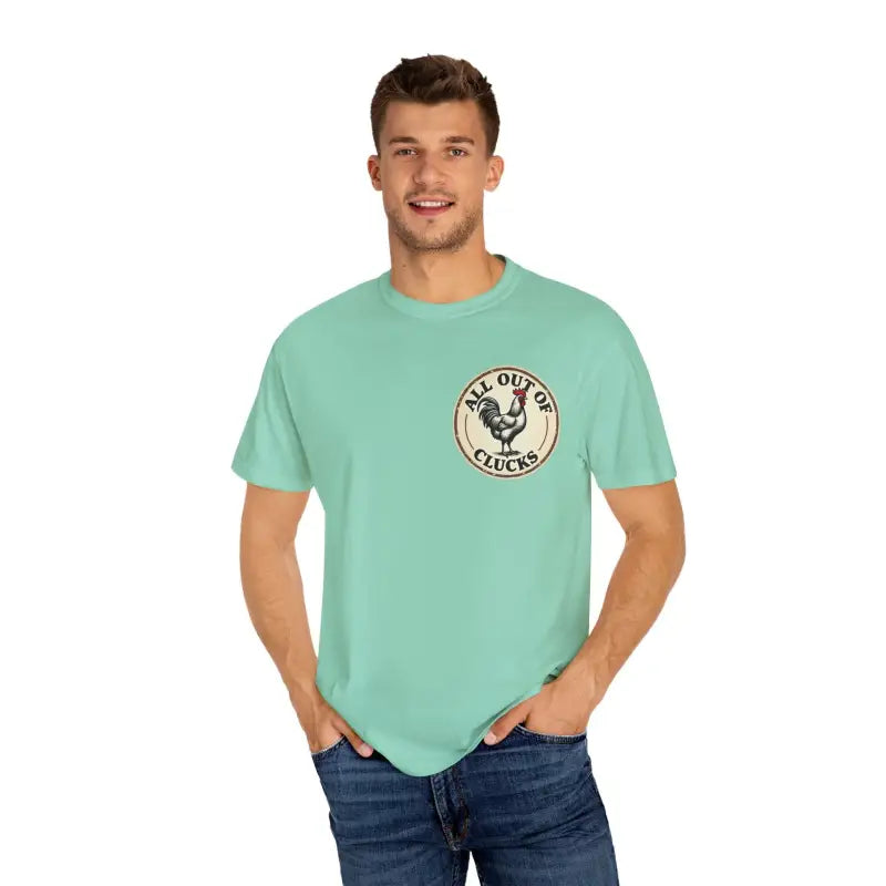 Man in a light green t-shirt from the All Out of Clucks Men’s Casual T-shirt Collection