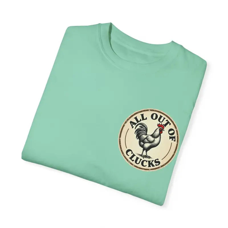 Mint green t-shirt with chicken graphic from All Out of Clucks Men’s Casual Collection