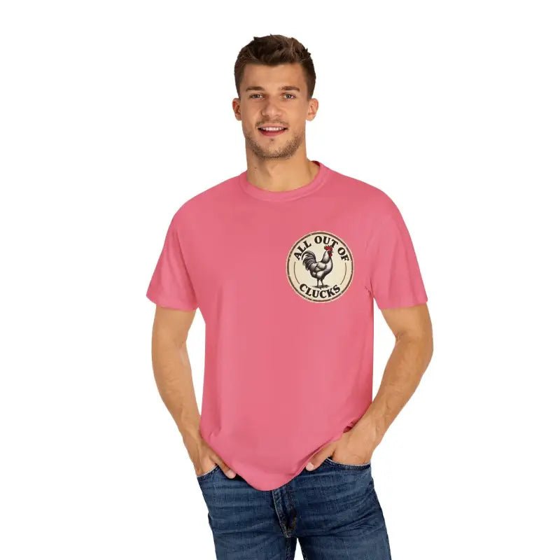 Pink t-shirt featuring rooster graphic from All Out of Clucks Mens Casual T-shirt Collection