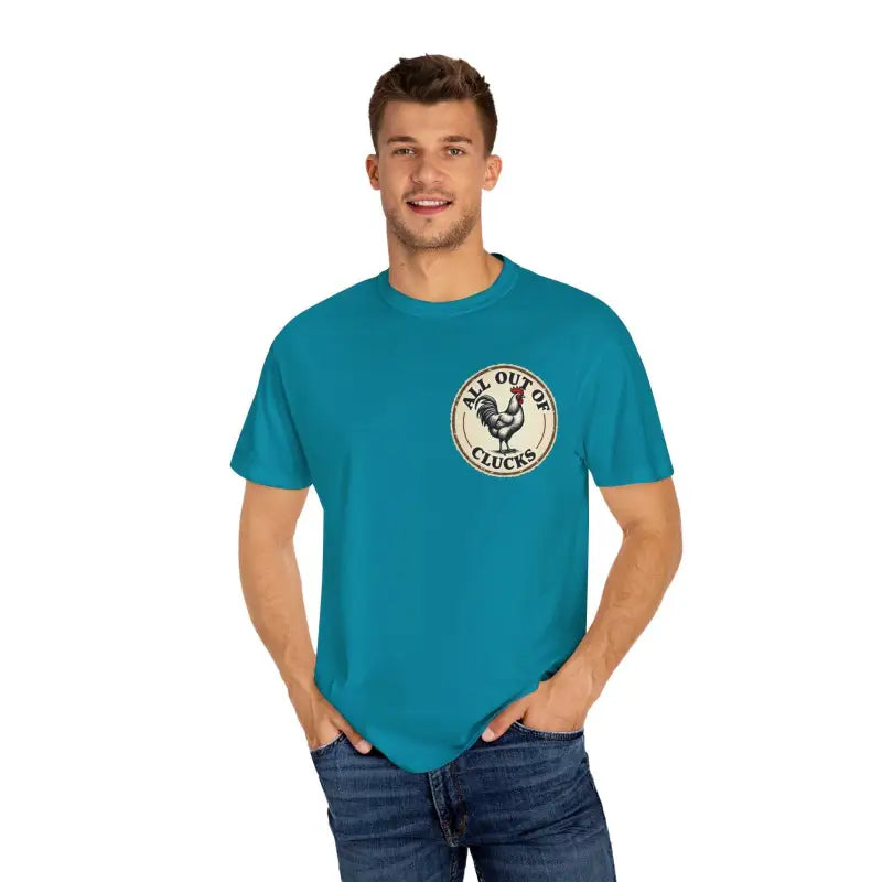 Teal t-shirt featuring chicken graphic from All Out of Clucks Mens Casual T-shirt Collection