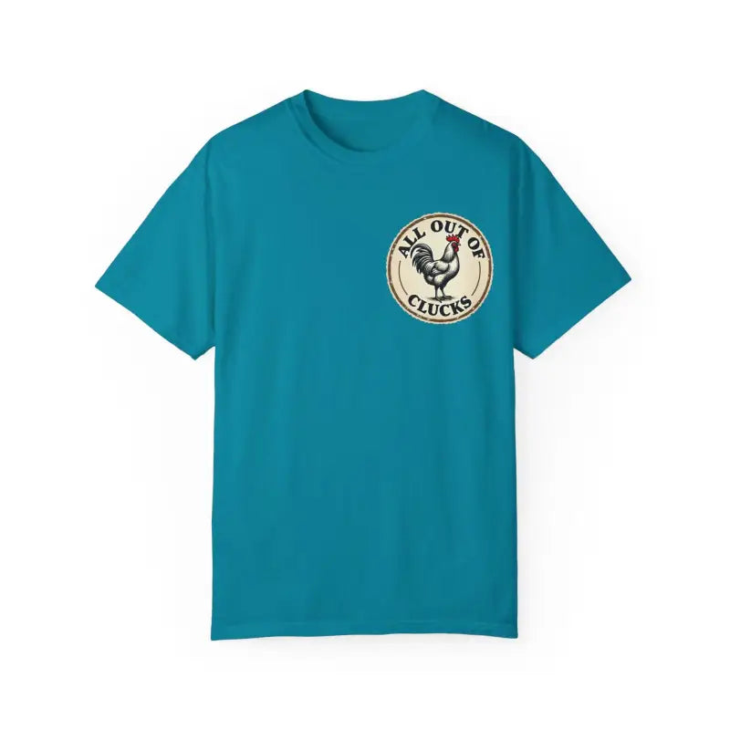 Teal t-shirt featuring chicken graphic from All Out of Clucks Men’s Casual T-Shirt Collection