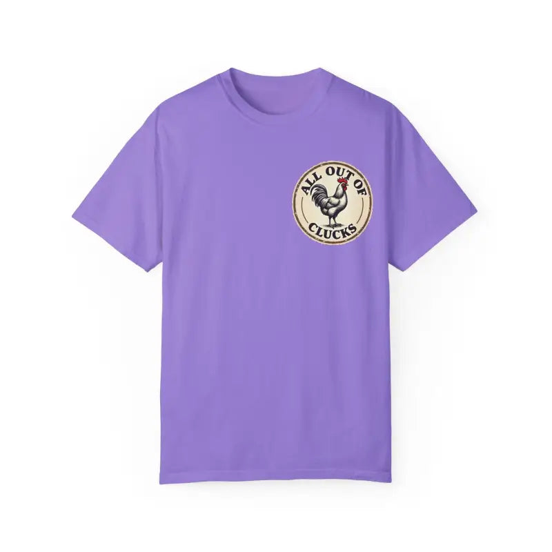 Purple t-shirt featuring a chicken graphic from the All Out of Clucks Mens Casual T-shirt Collection