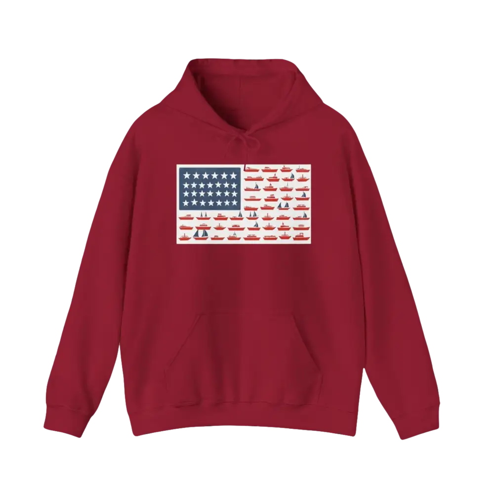Maroon hoodie featuring American flag design from the American Ship Flag Hooded Sweatshirt