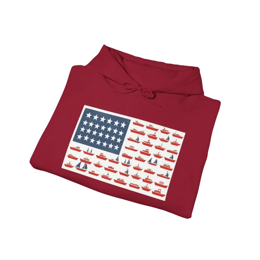 Burgundy hoodie featuring boat-themed American flag design, American Ship Flag Hooded Sweatshirt